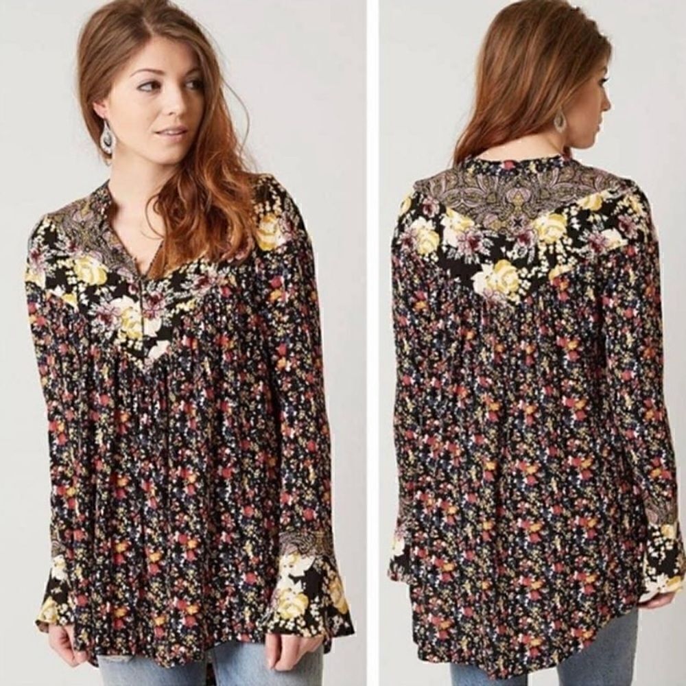 Free People Wildflower Fields Henley Tunic Blouse Size S EUC